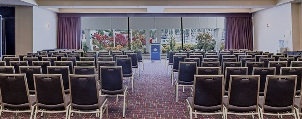 Spacious conference room set up with rows of chairs facing a podium, under soft lighting with large windows showing a garden view